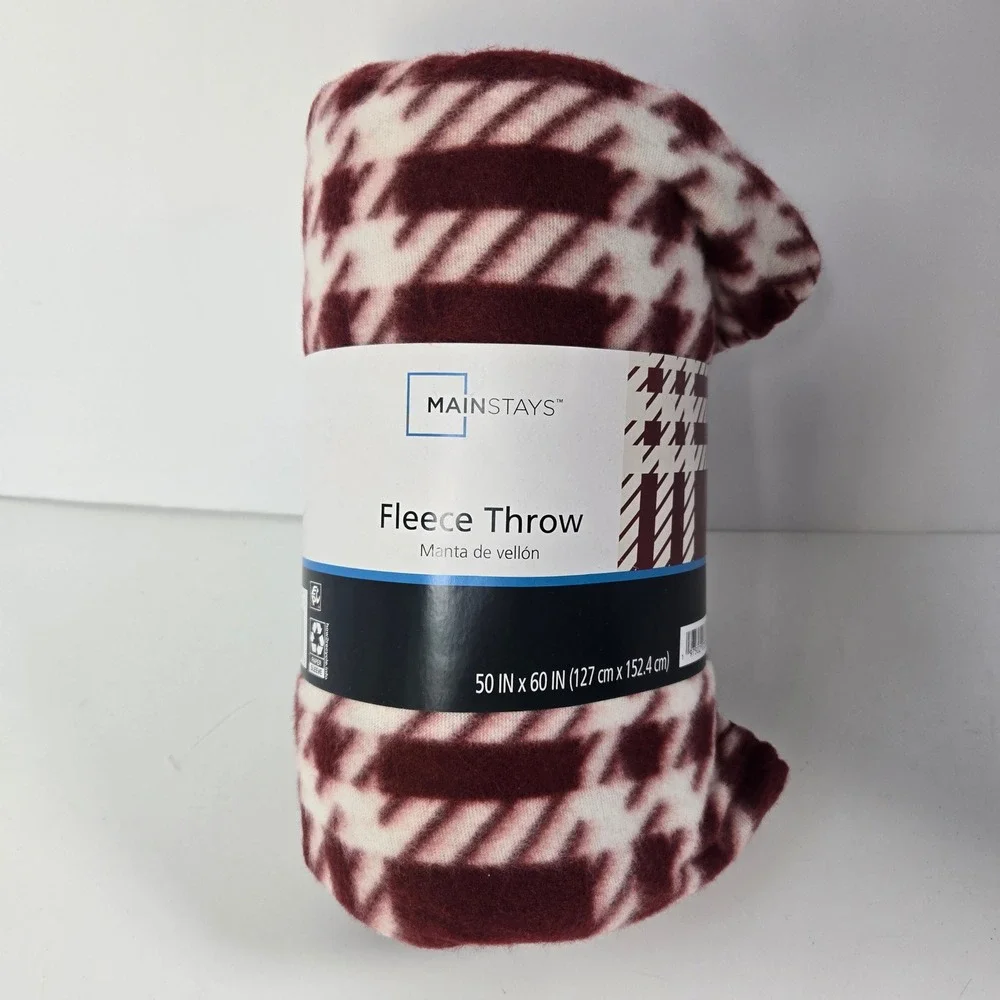 Mainstays Fleece Throw Blanket 50x60 Merlot Windowpane Houndstooth Plaid Holiday